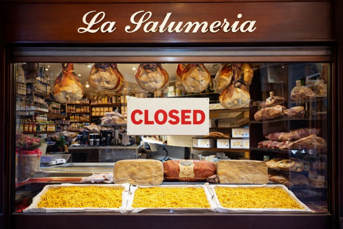 La Salumeria in Bologna closed for Ferragosto peak season seen during a Bologna Italy Food Tours experience.