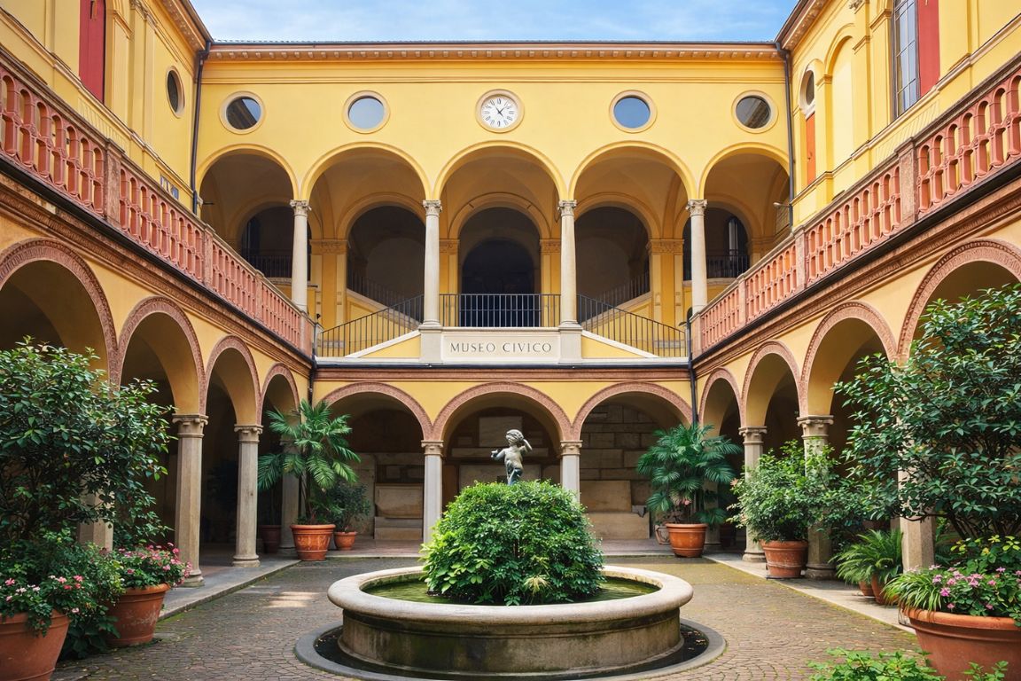 Historic of Museo Civico Archeologico in Bologna, showcasing Renaissance architecture and central fountain.