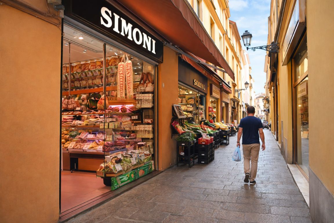 Authentic Bologna food scene on Simoni Street with local delicatessens and markets.