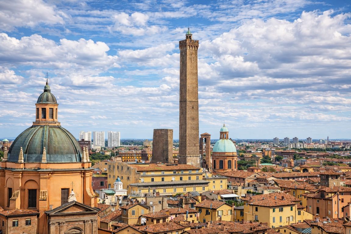 Scenic view of Bologna’s medieval towers and rooftops photographed while exploring the city with Bologna Italy Food Tours.